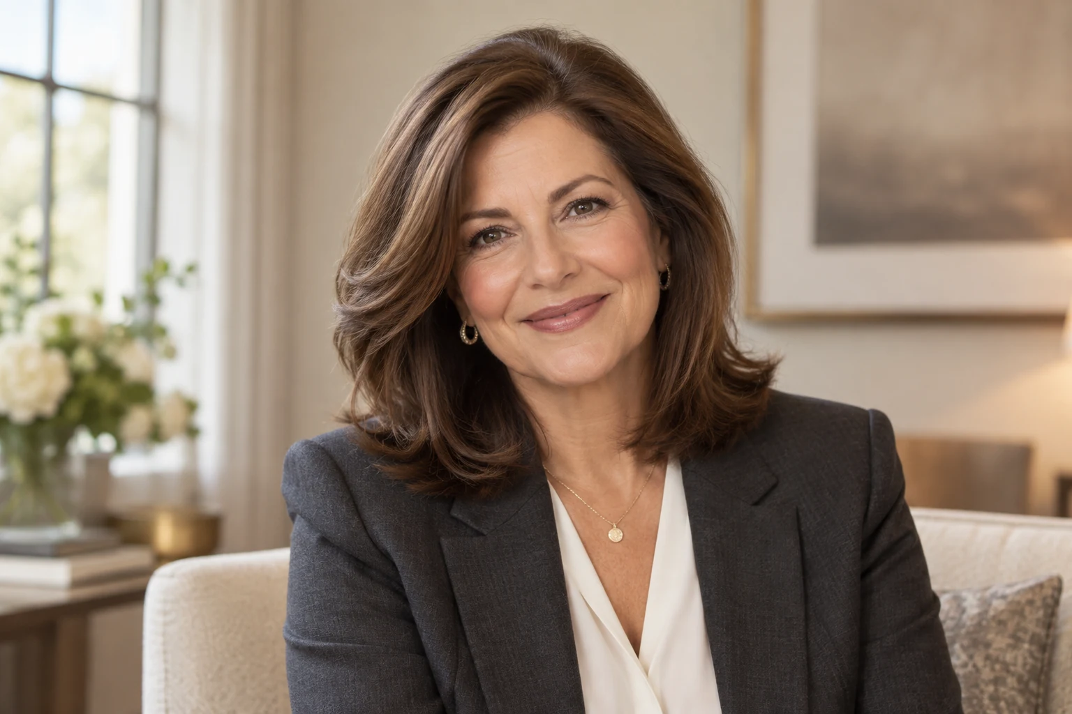 Mature businesswoman with glossy chestnut hair, inspiration for grey coverage and gloss